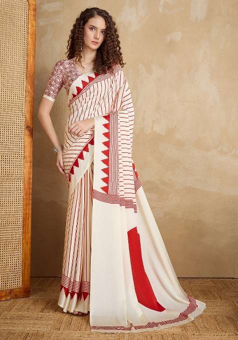 Cream Satin Saree Set with Printed for Diwali | Wedding & Festive Wear