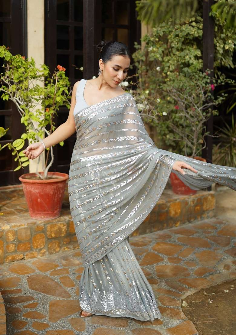 Metallic Georgette Saree Set with Printed for Diwali | Wedding & Festive Wear - Indya