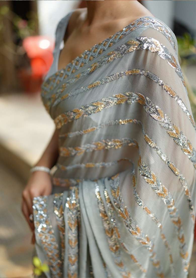 Metallic Georgette Saree Set with Printed for Diwali | Wedding & Festive Wear - Indya