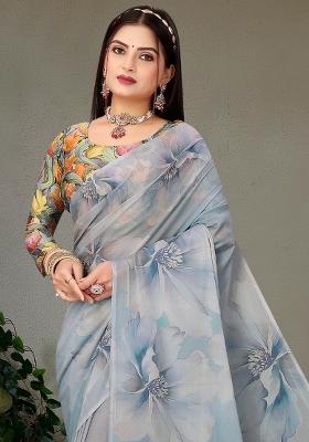 Grey Printed Georgette Saree Set