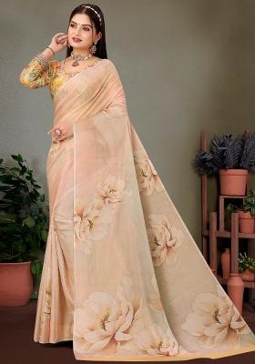 Cream Printed Georgette Saree Set