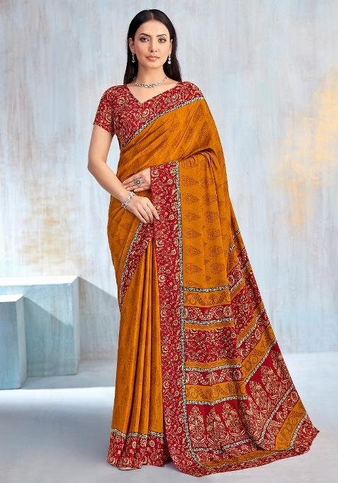 Mustard Printed Crepe Saree Set