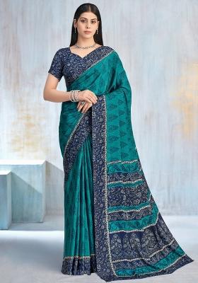 Teal Blue Printed Crepe Saree Set