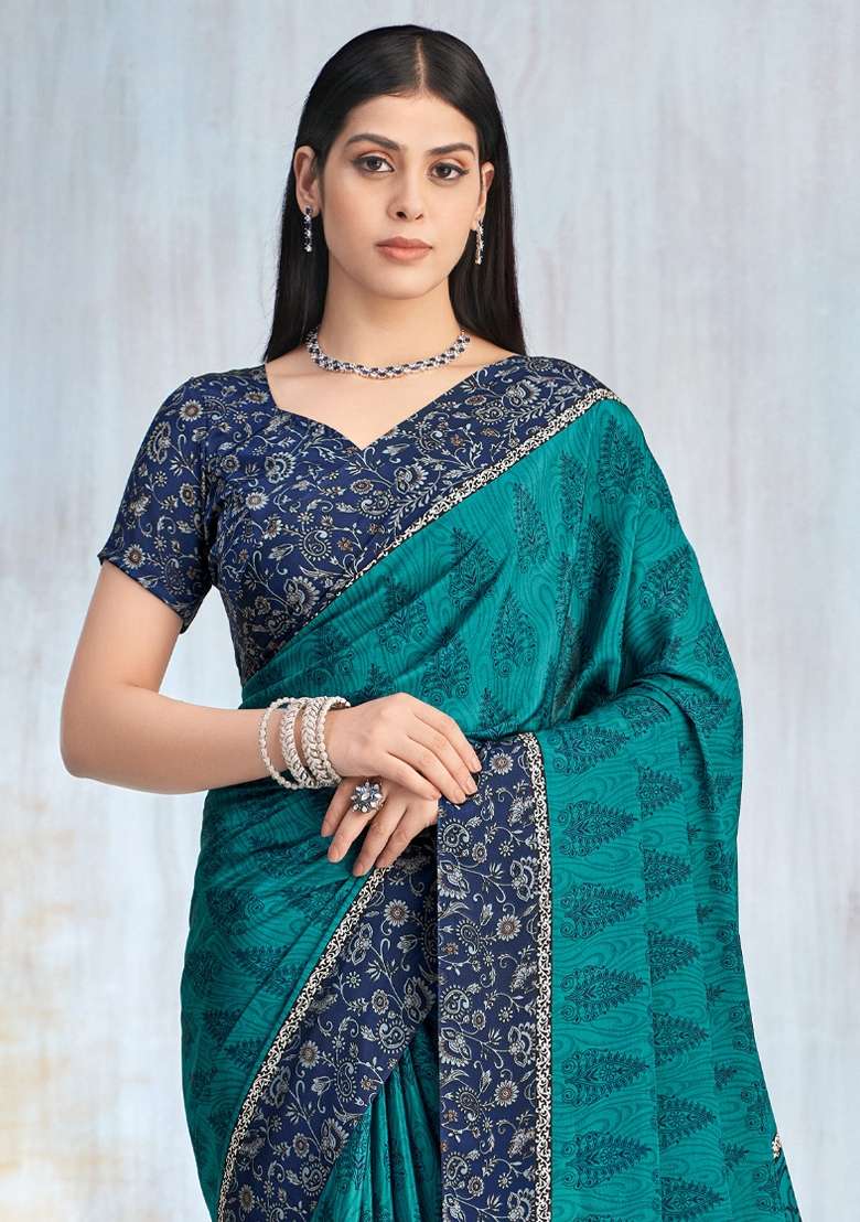 Teal Blue Printed Crepe Saree Set for Diwali and Festive Wear - Indya