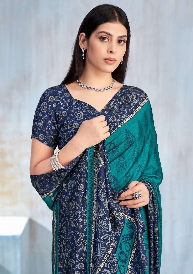 Teal Blue Printed Crepe Saree Set for Diwali and Festive Wear - Indya