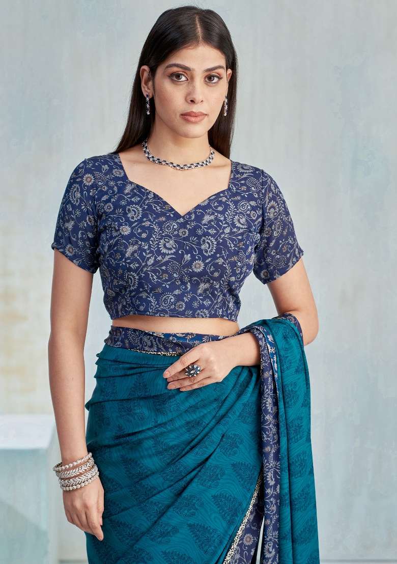 Teal Blue Printed Crepe Saree Set for Diwali and Festive Wear - Indya