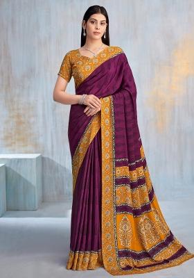 Magenta Printed Crepe Saree Set