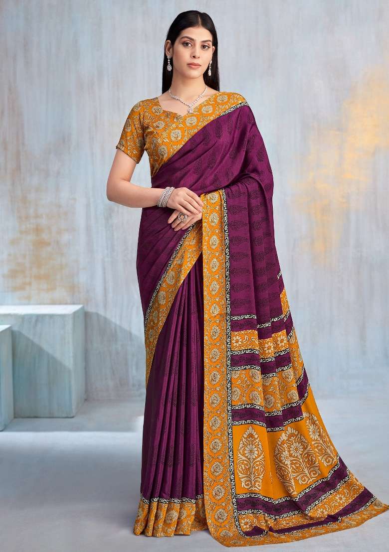 Magenta Crepe Saree Set with Printed for Diwali | Wedding & Festive Wear - Indya