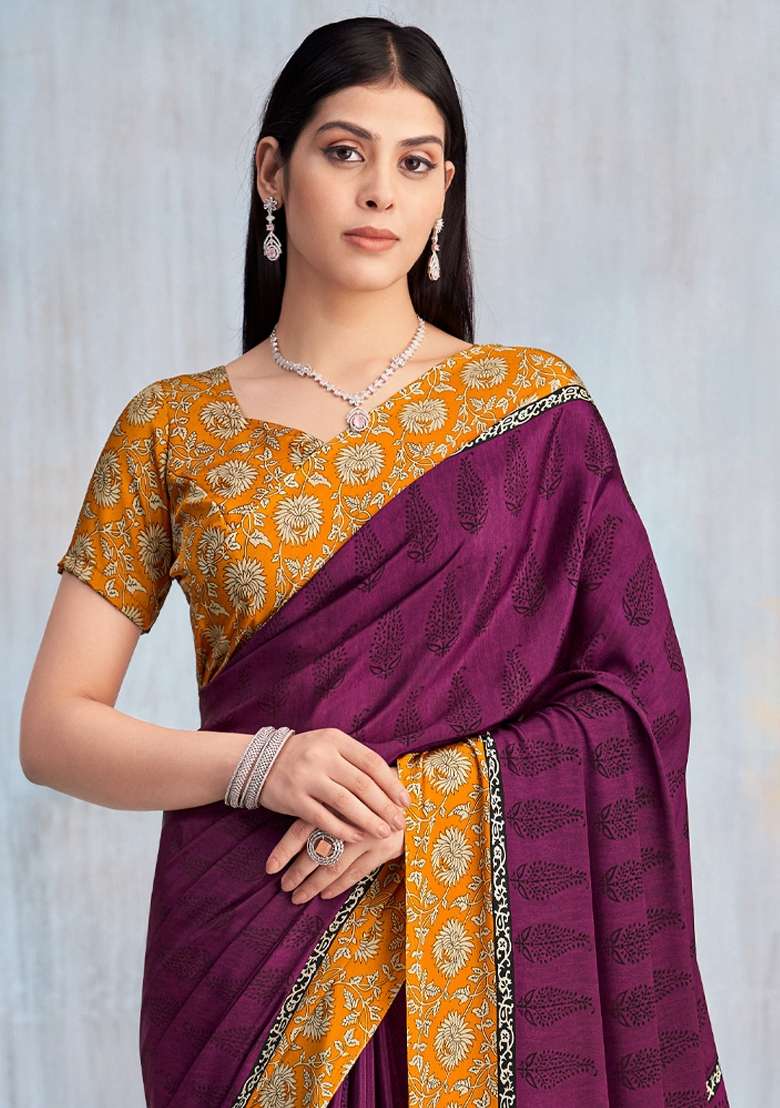 Magenta Crepe Saree Set with Printed for Diwali | Wedding & Festive Wear - Indya
