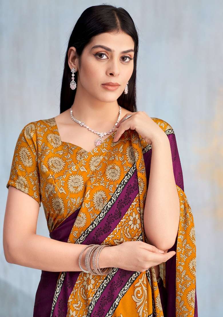 Magenta Crepe Saree Set with Printed for Diwali | Wedding & Festive Wear - Indya
