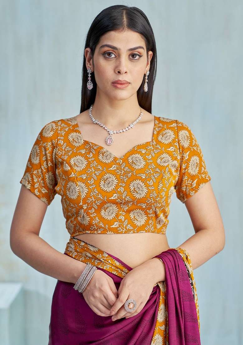 Magenta Crepe Saree Set with Printed for Diwali | Wedding & Festive Wear - Indya