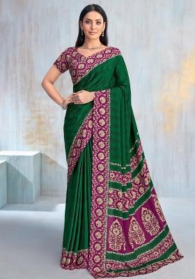 Dark Green Printed Crepe Saree Set