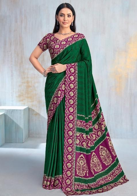 Dark Green Printed Crepe Saree Set — view on Indya