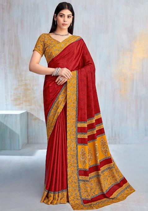 Red Printed Crepe Saree Set — view on Indya