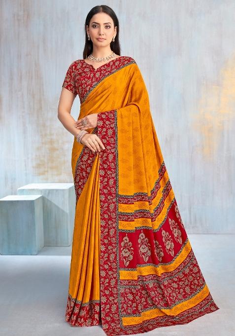 Yellow Printed Crepe Saree Set
