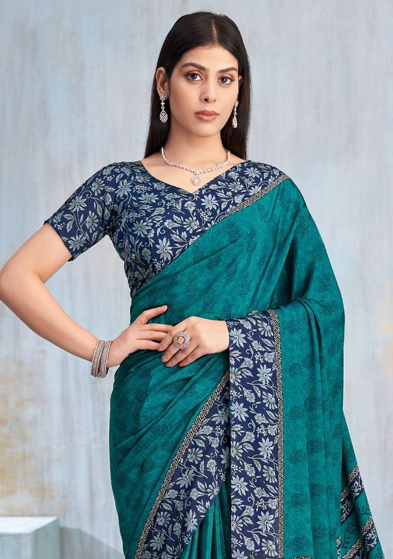 Teal Blue Crepe Saree Set with Printed for Diwali | Wedding & Festive Wear - Indya