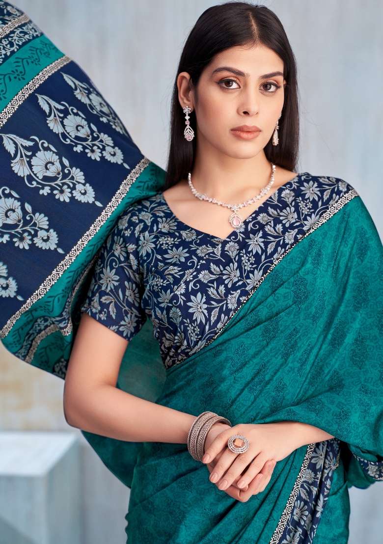 Teal Blue Crepe Saree Set with Printed for Diwali | Wedding & Festive Wear - Indya