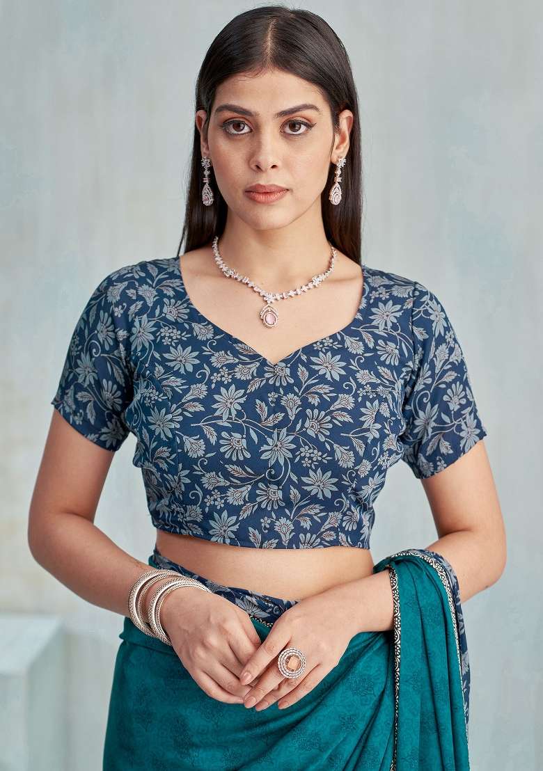 Teal Blue Crepe Saree Set with Printed for Diwali | Wedding & Festive Wear - Indya
