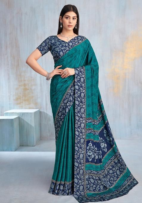 Teal Blue Printed Crepe Saree Set — view on Indya