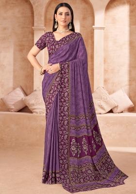 Purple Printed Crepe Saree Set