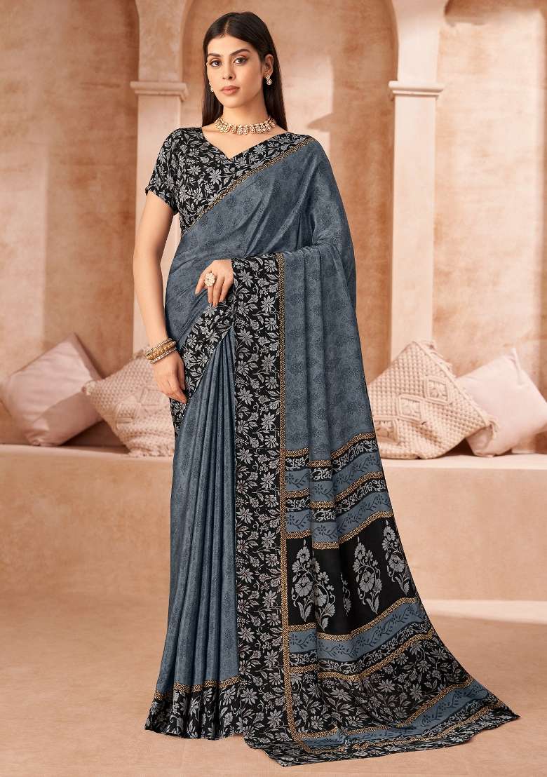 Charcoal Grey Printed Crepe Saree Set for Diwali and Festive Wear - Indya