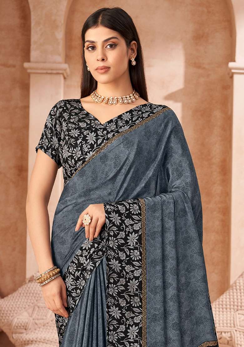 Charcoal Grey Printed Crepe Saree Set for Diwali and Festive Wear - Indya