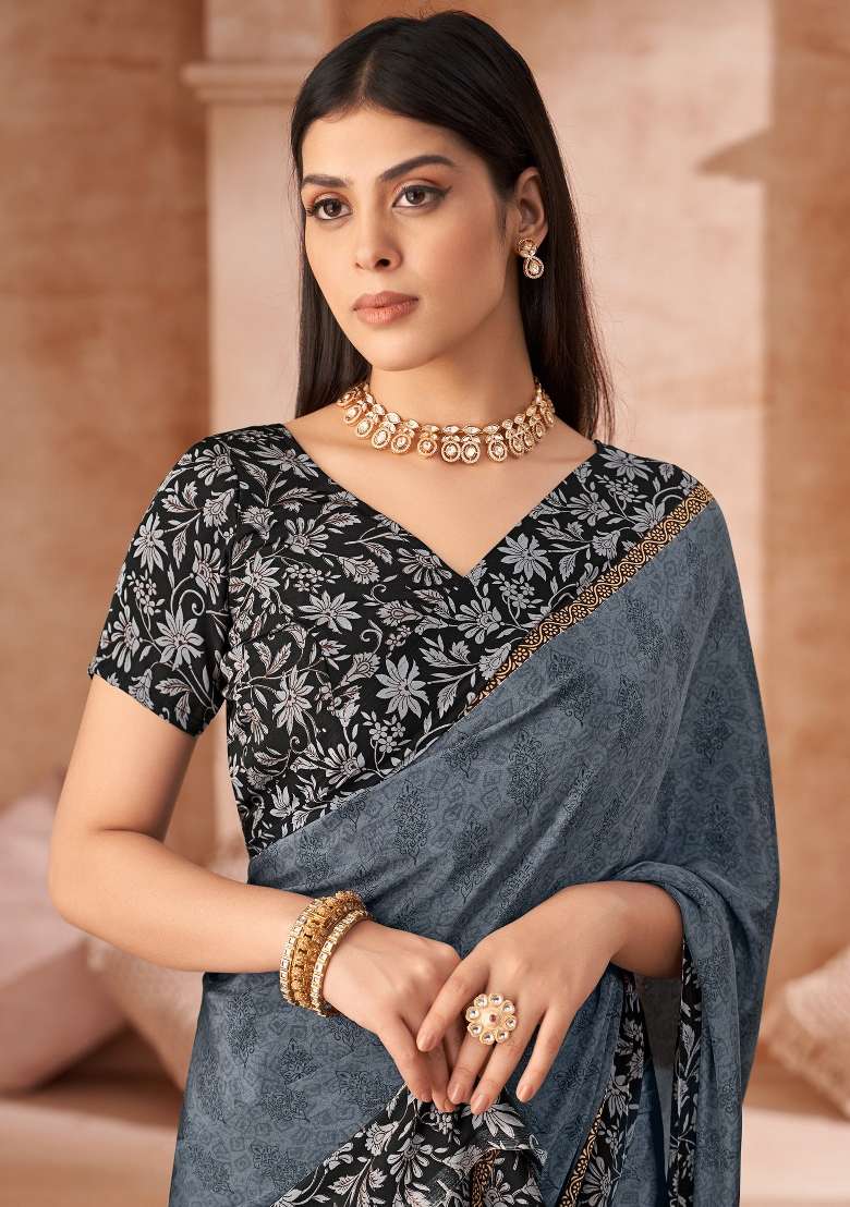 Charcoal Grey Printed Crepe Saree Set for Diwali and Festive Wear - Indya