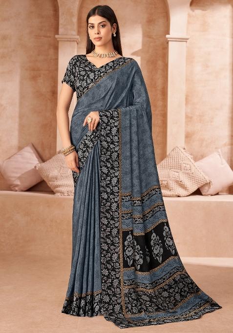 Charcoal Grey Printed Crepe Saree Set — view on Indya