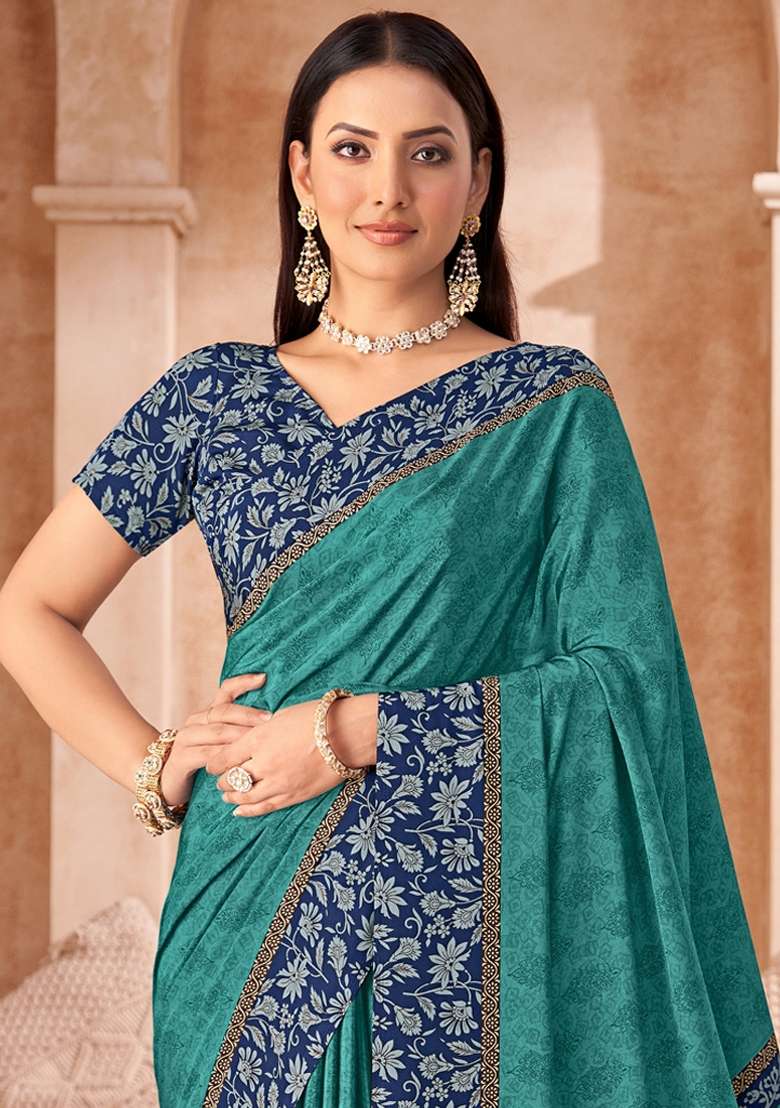 Light Blue Crepe Saree Set with Printed for Diwali | Wedding & Festive Wear - Indya