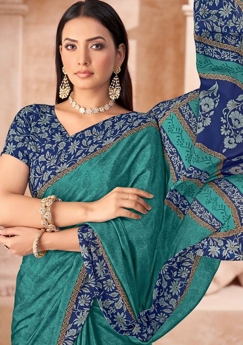 Light Blue Crepe Saree Set with Printed for Diwali | Wedding & Festive Wear - Indya