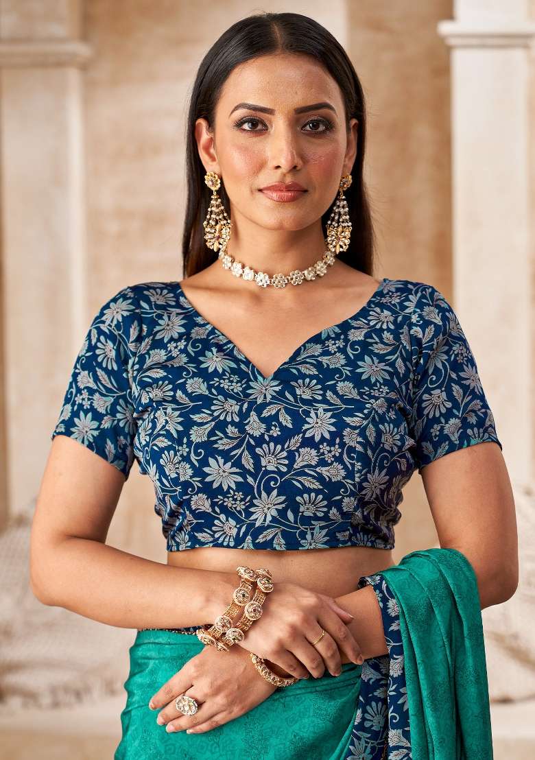 Light Blue Crepe Saree Set with Printed for Diwali | Wedding & Festive Wear - Indya