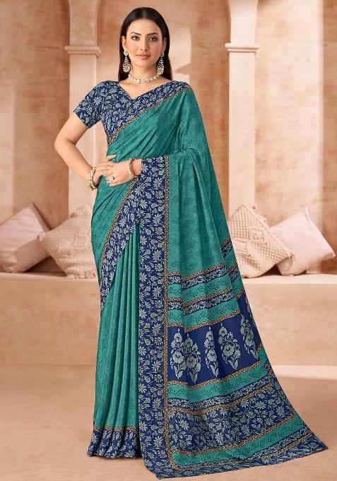Light Blue Printed Crepe Saree Set — view on Indya