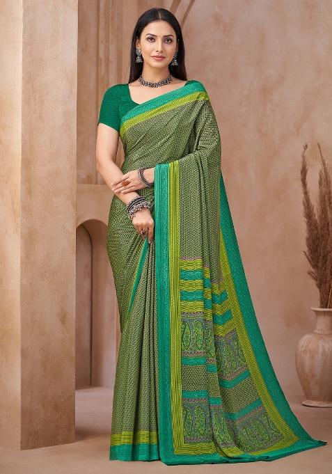 Green Printed Crepe Saree Set — view on Indya