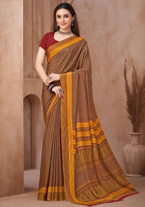 Mustard Printed Crepe Saree Set