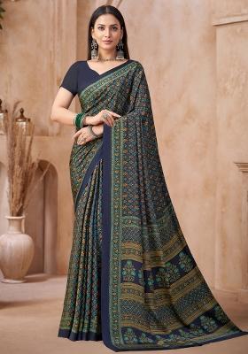 Navy Blue Printed Crepe Saree Set