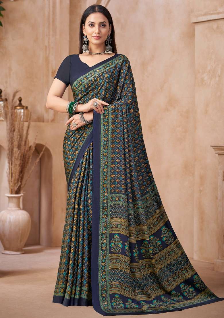 Navy Blue Printed Crepe Saree Set - Indya