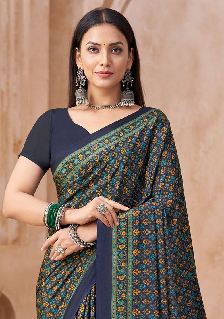 Navy Blue Printed Crepe Saree Set - Indya