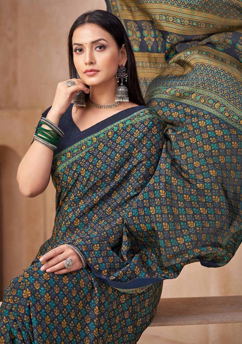 Navy Blue Printed Crepe Saree Set - Indya