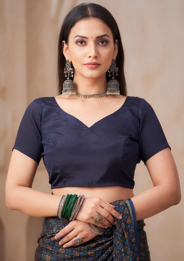Navy Blue Printed Crepe Saree Set - Indya