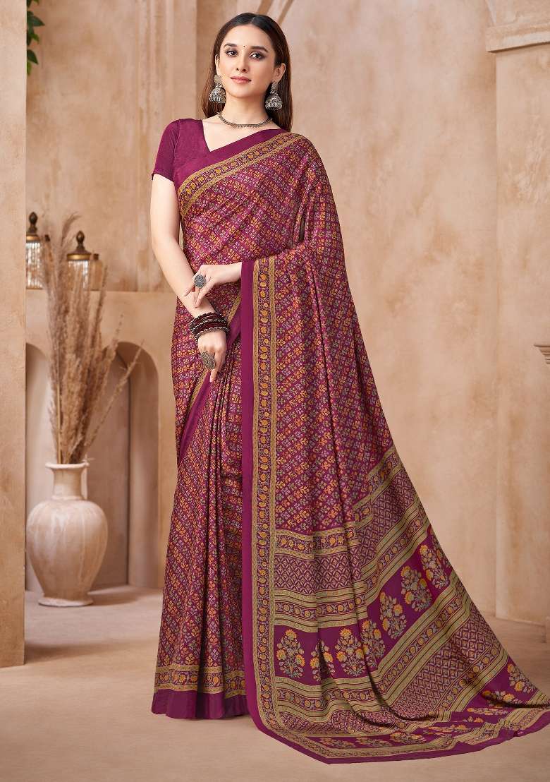 Magenta Crepe Saree Set with Printed for Diwali | Wedding & Festive Wear - Indya