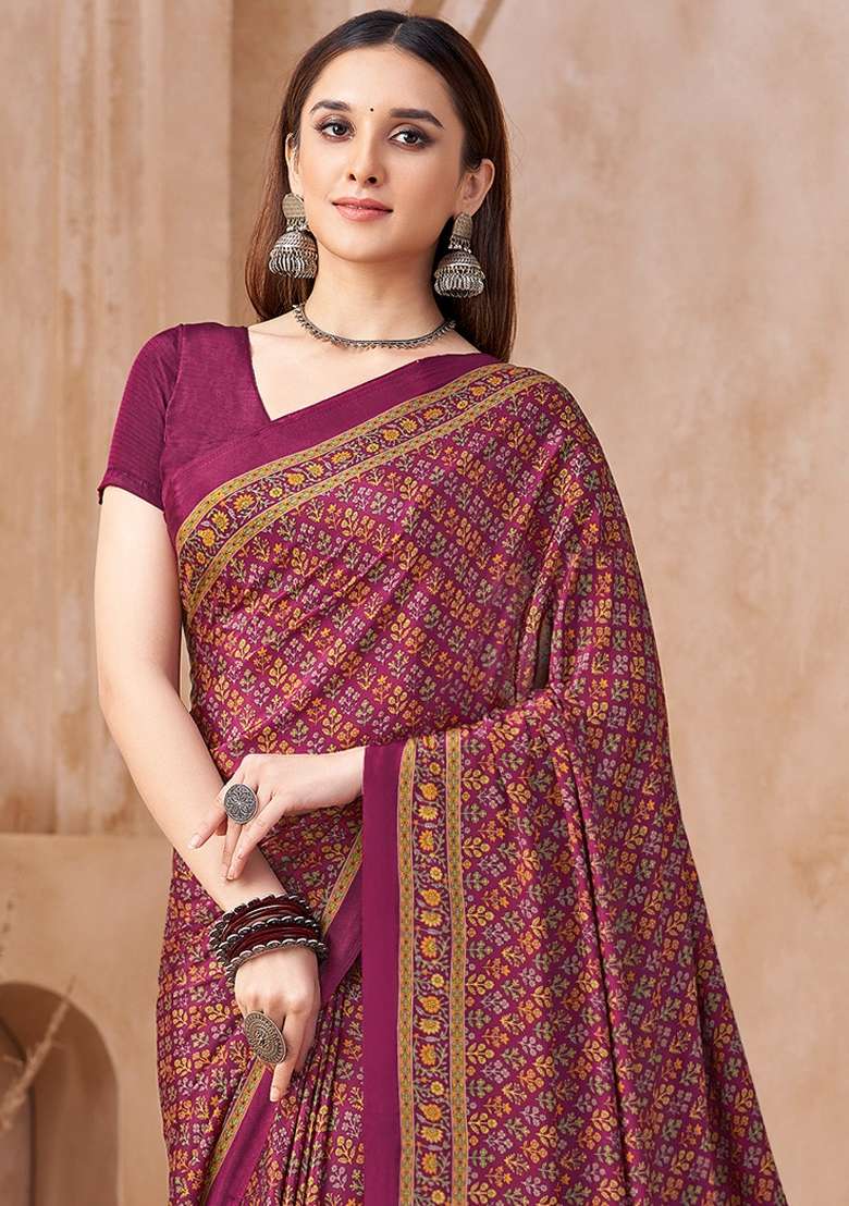 Magenta Crepe Saree Set with Printed for Diwali | Wedding & Festive Wear - Indya
