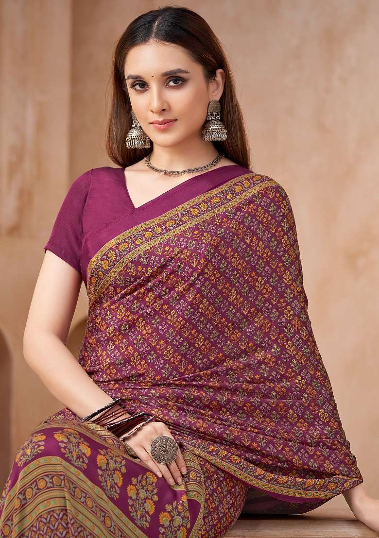 Magenta Crepe Saree Set with Printed for Diwali | Wedding & Festive Wear - Indya