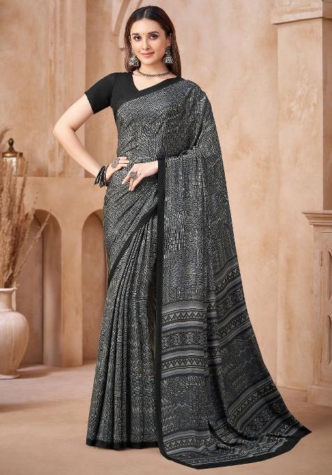 Black Printed Crepe Saree Set — view on Indya