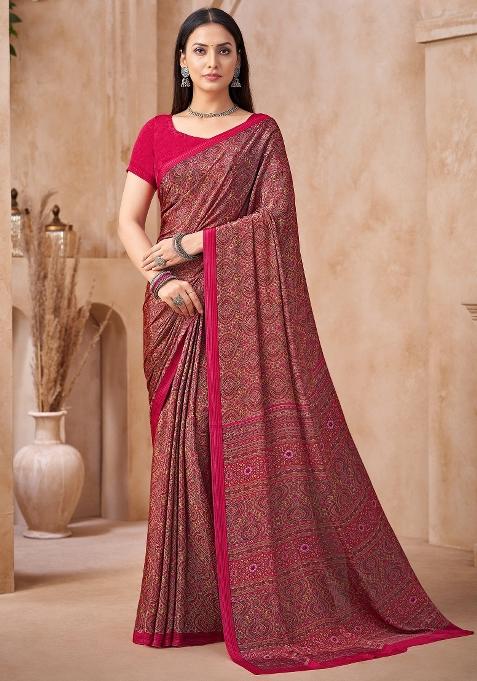 Pink Printed Crepe Saree Set — view on Indya