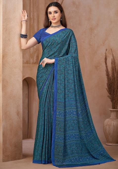 Blue Printed Crepe Saree Set — view on Indya