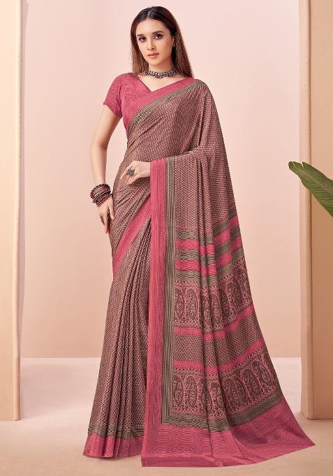 Pink Printed Crepe Saree Set — view on Indya
