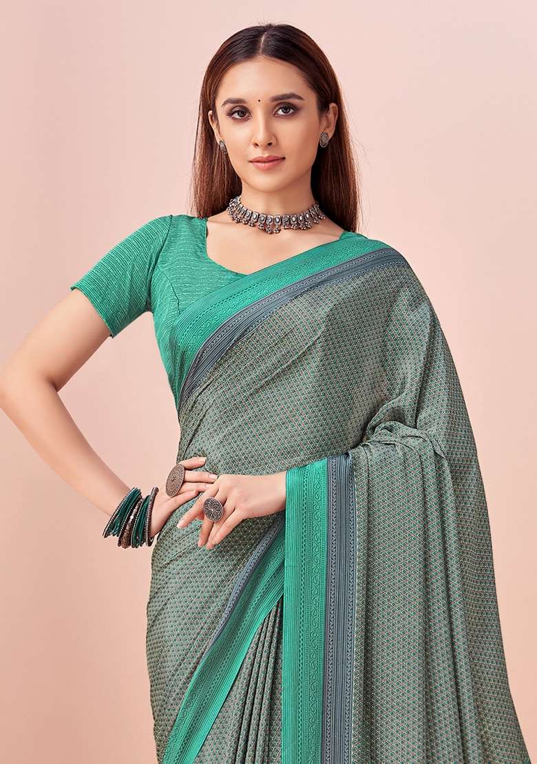 Sea Green Printed Crepe Saree Set for Diwali and Festive Wear - Indya