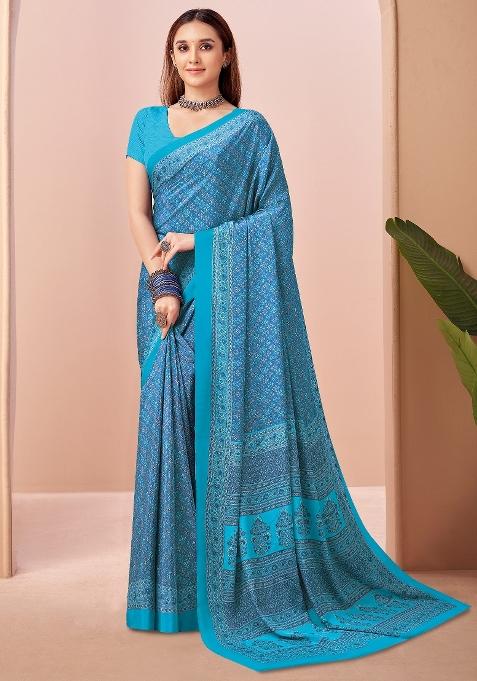 Blue Printed Crepe Saree Set — view on Indya