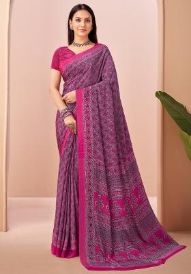 Pink Printed Crepe Saree Set