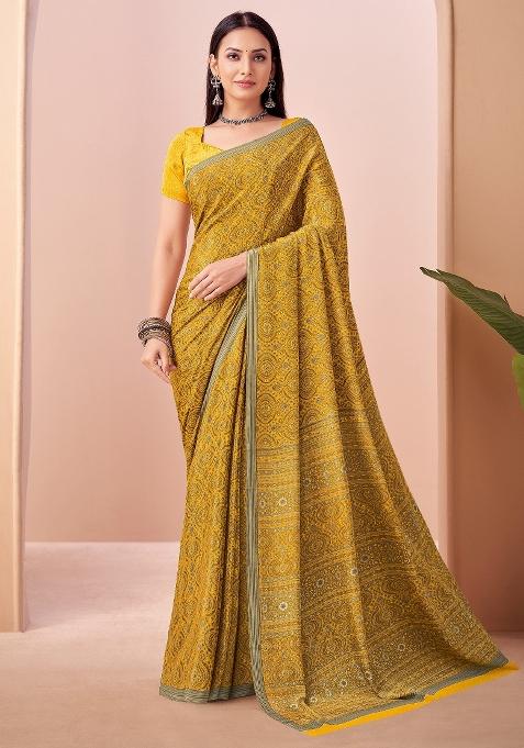 Yellow Printed Crepe Saree Set